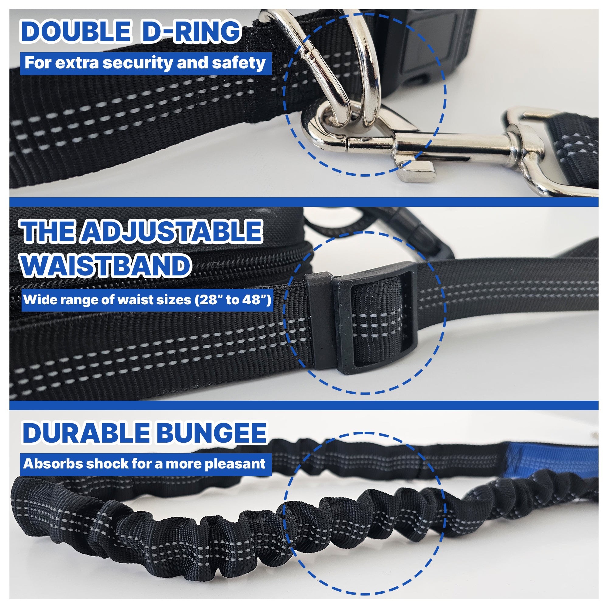 Hands Free Dog Leash with Waist Belt & Large Zipper Pouch, Waist Leash for Dog Walking, Running & Hiking, Reflective Stitching & Dual Padded Handles, Ideal for Medium to Large Dogs (25–125 lbs)