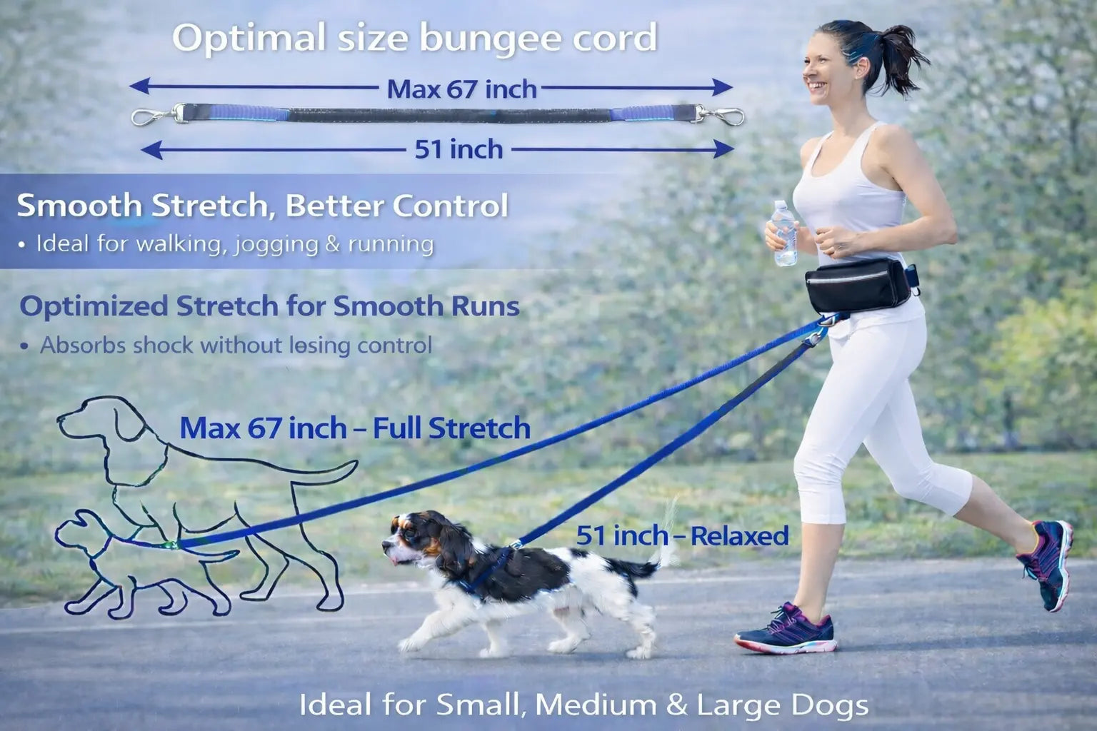 Hands Free Dog Leash with Waist Belt & Large Zipper Pouch, Waist Leash for Dog Walking, Running & Hiking, Reflective Stitching & Dual Padded Handles, Ideal for Medium to Large Dogs (25–125 lbs)